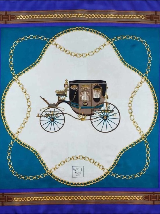Weill Accessories - Weill Paris Vintage Silk Scarf with Carriage Chain Design Teal & Purple 34”x34”